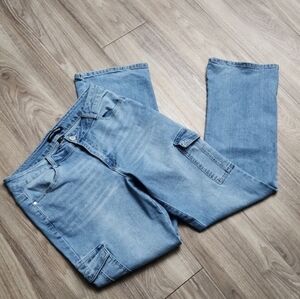 🌟 Indigo Fusion Denim High Waist Cargo Stretch Flare Leg Blue Jeans Women's 8